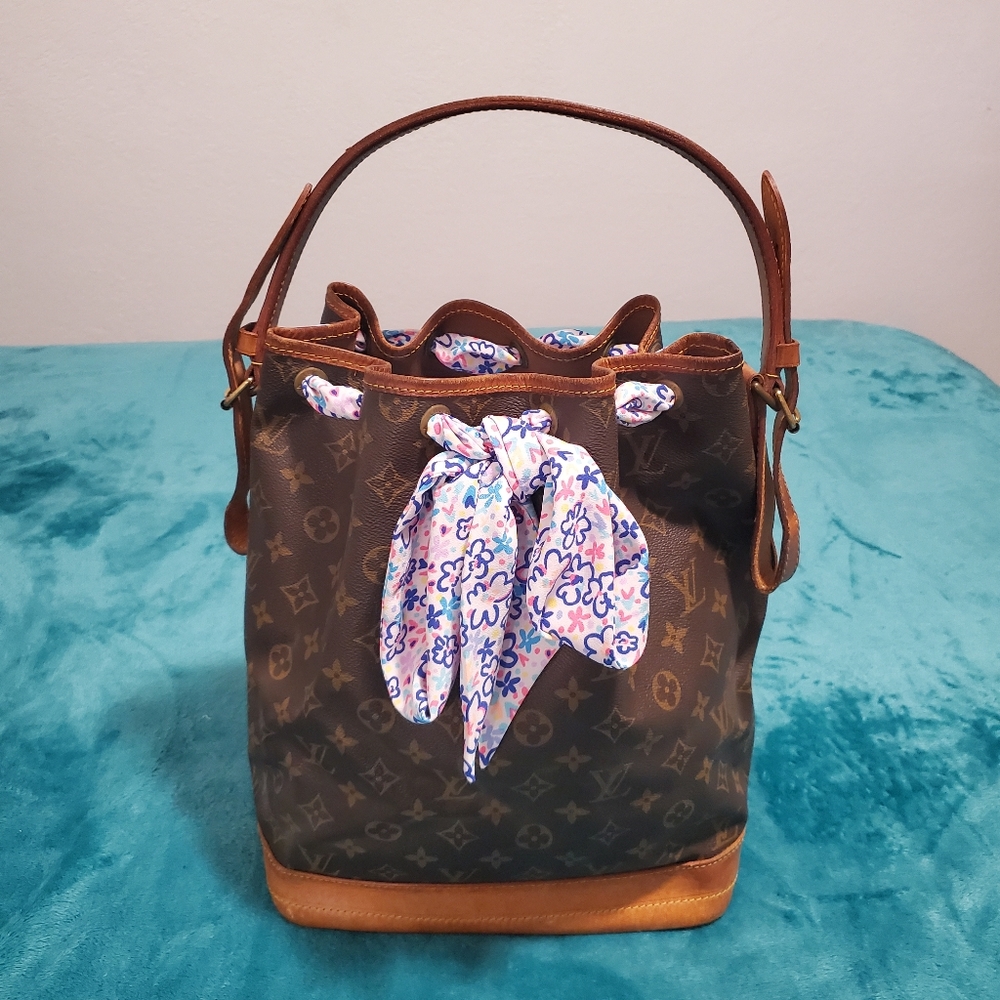 Louis Vuitton Brown Monogram Bucket Bag with Pink & Blue Scarf Accent